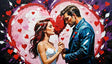 This evocative painting captures a couple in a tender moment, holding a fractured red heart between them. The woman, adorned with a red rose in her hair and a flowing white dress, faces the man in a blue jacket, their expressions full of depth. Surrounding them, a burst of red, pink, and purple hearts radiates against a dark backdrop, symbolizing love’s intensity and vulnerability. Ai generated. Acrylic painting style.