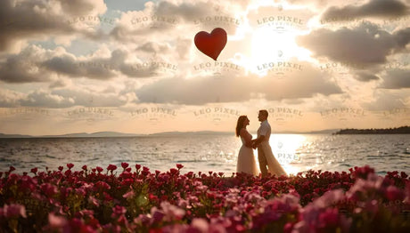 A couple shares an intimate moment by the water's edge at sunset, bathed in golden light. A red heart-shaped balloon floats above, symbolizing love. Vibrant pink flowers frame the foreground, contrasting with the shimmering ocean. The warm, glowing sky filled with soft clouds creates a serene and dreamy atmosphere, capturing the essence of romance and connection by the sea. Ai generated image. Photography style.