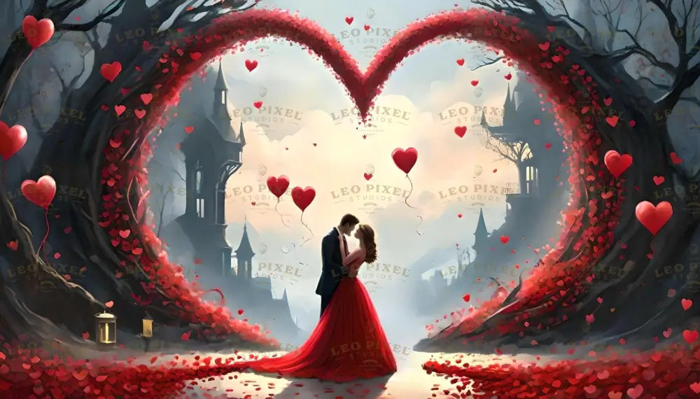 In this captivating digital art style, a couple shares a tender embrace under a majestic heart-shaped arch formed by intertwining trees and cascading red petals. The woman’s flowing crimson gown trails across a path blanketed in rose petals, while heart-shaped balloons float gently into a misty, ethereal sky. Gothic towers loom in the background, enhancing the scene’s magical, fairytale ambiance. Ai generated image.