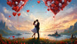  A couple stands on a hilltop, bathed in the golden glow of a breathtaking sunset. Around them, vivid red roses bloom, and the sky bursts with vibrant red and white heart-shaped balloons floating upward. In the distance, majestic mountains and a serene lake frame the idyllic scene. The art exudes love and wonder, blending surreal beauty with heartfelt emotion. Ai generated. Digital art style.