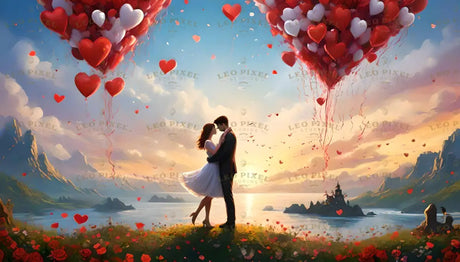  A couple stands on a hilltop, bathed in the golden glow of a breathtaking sunset. Around them, vivid red roses bloom, and the sky bursts with vibrant red and white heart-shaped balloons floating upward. In the distance, majestic mountains and a serene lake frame the idyllic scene. The art exudes love and wonder, blending surreal beauty with heartfelt emotion. Ai generated. Digital art style.