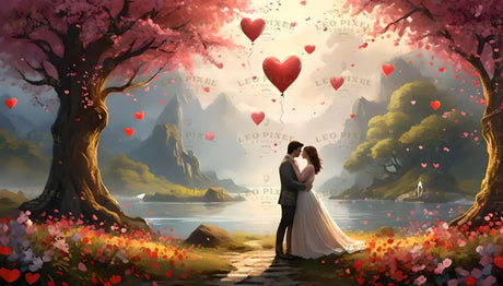 A serene lakeside scene captures a couple lost in each other's embrace beneath blooming cherry trees. Heart-shaped balloons drift gracefully upward, blending with the pastel hues of dawn. Mountains stand tall in the distance, shrouded in soft mist, while vivid blossoms and scattered petals adorn the landscape. The composition exudes love, tranquility, and ethereal beauty. Ai generated. Digital art style.