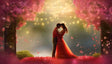 This captivating digital artwork showcases a couple in a tender embrace, surrounded by vibrant pink blossoms cascading from above. Delicate petals float gently through the air, illuminated by warm golden string lights that hang gracefully. The soft, dreamlike glow creates an intimate, magical ambiance, enhancing the romantic connection between the figures. Ai generated.