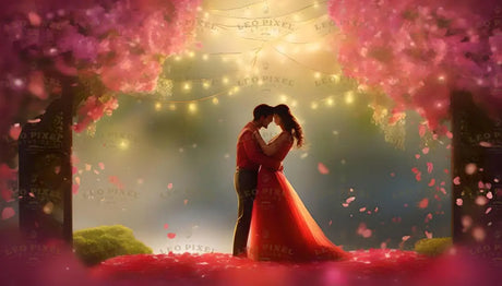 This captivating digital artwork showcases a couple in a tender embrace, surrounded by vibrant pink blossoms cascading from above. Delicate petals float gently through the air, illuminated by warm golden string lights that hang gracefully. The soft, dreamlike glow creates an intimate, magical ambiance, enhancing the romantic connection between the figures. Ai generated.