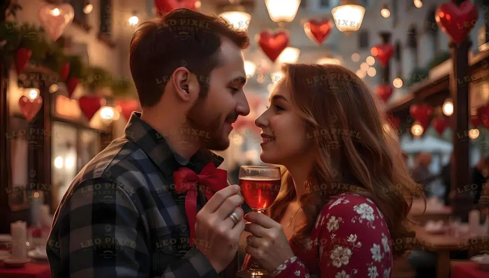 A couple stands close in a warmly lit, heart-themed café adorned with glowing red heart decorations. The man, in a plaid shirt and red bowtie, smiles lovingly at the woman in a floral dress as they share a glass of wine. Soft lighting creates an intimate ambiance, highlighting their joy. The background features blurred heart ornaments and festive lamps, enhancing the romantic atmosphere. Ai generated image. Photography style.