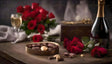 A perfectly set romantic scene features a golden oval tray of assorted chocolates, including a standout gold-wrapped piece, resting on a polished wooden table. Surrounding the setting are lush red roses, their velvety petals adding elegance. A bottle of champagne stands nearby, paired with two half-filled glasses. Soft light highlights the textures of the flowers, chocolates, and fabric, evoking luxury and passion. Ai generated image.