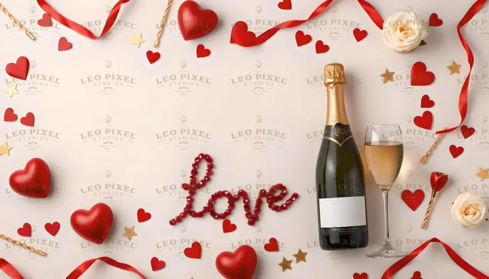 A flat lay image displays a romantic theme on a white background. Red hearts, gold stars, and red ribbons are scattered across. The word "Love" is styled with glittery red material in the center. On the right, a gold-topped champagne bottle and a filled glass add elegance. White roses and decorative elements complete the soft, celebratory arrangement. Ai generated. Flat lay photography style.