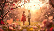 A couple stands hand in hand under blossoming trees as golden sunlight streams through the branches. Heart-shaped petals float gently in the air, adding to the enchanting scene. The woman's red dress and veil flow softly, symbolizing love and connection. This picturesque moment captures the beauty of romance and nature, evoking warmth, intimacy, and the promise of cherished memories. Ai generated. Photography style.