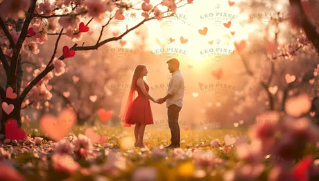 A couple stands hand in hand under blossoming trees as golden sunlight streams through the branches. Heart-shaped petals float gently in the air, adding to the enchanting scene. The woman's red dress and veil flow softly, symbolizing love and connection. This picturesque moment captures the beauty of romance and nature, evoking warmth, intimacy, and the promise of cherished memories. Ai generated. Photography style.