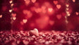 A delicate heart-shaped object rests gently on a bed of scattered rose petals, bathed in soft, warm lighting. The background glows with blurred heart-shaped lights in varying shades of red and pink, creating a dreamy and intimate atmosphere. The composition radiates love, warmth, and passion, making it perfect for romantic occasions or Valentine’s Day celebrations. Ai generated. Photography style.