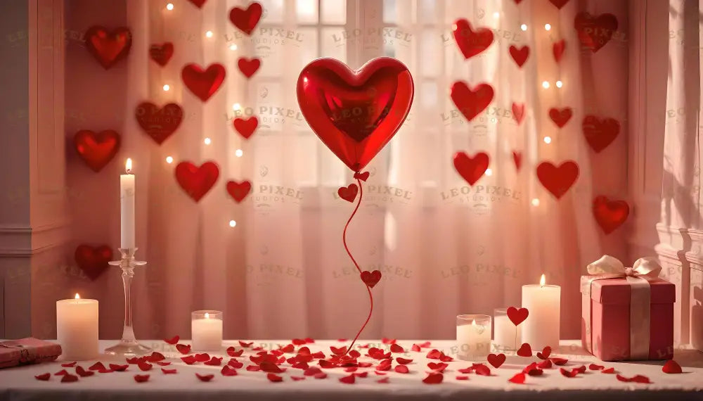 A striking red heart-shaped balloon rises from a bed of scattered rose petals, surrounded by soft candlelight. The table is adorned with glowing candles, delicate petals, and a perfectly wrapped gift box. Behind, heart-shaped decorations and twinkling lights hang elegantly against sheer curtains, creating a warm, intimate atmosphere ideal for romantic celebrations. Ai generated image. Photography style.