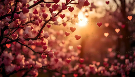 A mesmerizing scene of a blossoming tree with heart-shaped petals bathed in the warm glow of a setting sun. The soft light filters through the branches, casting a golden hue over the delicate pink blossoms. Floating heart petals drift gently in the air, evoking feelings of love and serenity. This enchanting image perfectly captures the essence of romance, spring, and new beginnings. Ai generated. Photography style.