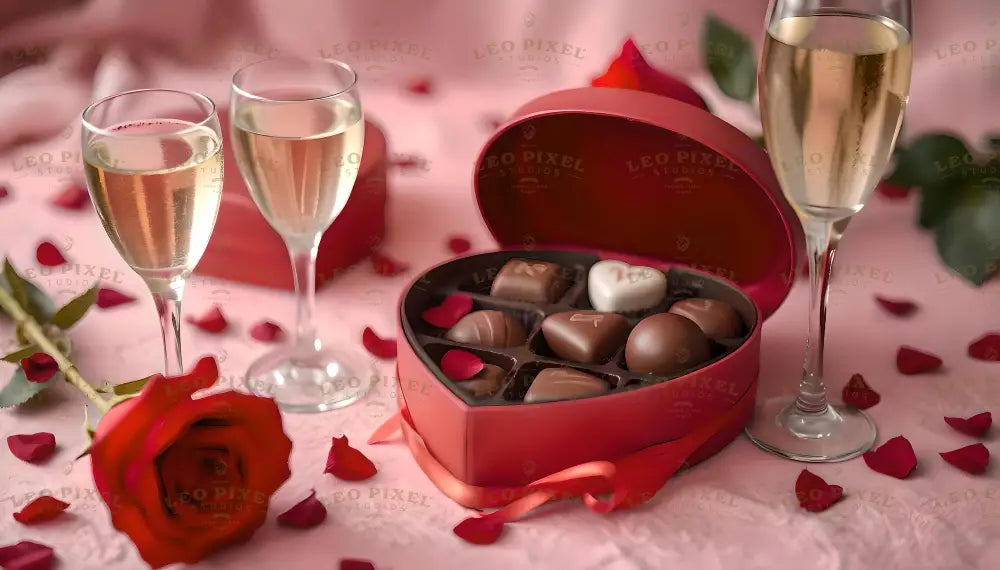 A heart-shaped box of assorted chocolates sits open, surrounded by delicate rose petals on a soft pink tablecloth. Three elegant champagne flutes filled with sparkling wine add sophistication, while a single red rose enhances the romantic ambiance. The warm tones and gentle lighting create an intimate, luxurious atmosphere perfect for celebrating love. Ai generated image. Photography style.