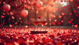 Two wine glasses sit gracefully on a wooden platform, surrounded by a sea of red petals and heart-shaped decorations. Soft sunlight filters through the trees, casting a warm, golden glow. Floating heart balloons gently sway in the breeze, enhancing the magical and intimate atmosphere. This enchanting scene evokes love, romance, and the beauty of celebrating special moments outdoors. Ai generated. Photography style.