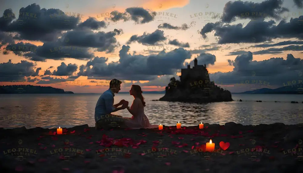 A couple kneels on a serene beach at twilight, surrounded by glowing candles and scattered rose petals. The calm sea reflects hues of orange and purple from the dramatic sunset sky, with a silhouette of a distant castle on a rocky island adding mystery. The scene exudes intimacy and romance, capturing a heartfelt moment under soft clouds and fading light. Ai generated image. Photography style.