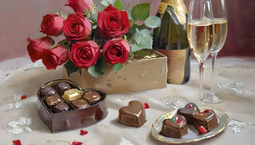 A beautifully arranged romantic scene featuring a bouquet of lush red roses, heart-shaped chocolates in elegant packaging, and two champagne glasses filled with sparkling wine. A golden gift box adds sophistication, while rose petals and delicate flowers scatter across a soft white tablecloth, completing this intimate and luxurious atmosphere. Ai generated image. Art oils style.