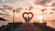 A couple strolls hand-in-hand along a wooden pier at sunset, framed by a striking red heart sculpture. The golden hues of the setting sun reflect off calm waters, casting a soft glow on scattered rose petals. Elegant lampposts stand on either side, adding to the serene and romantic atmosphere. Gentle clouds and a distant shoreline complete this idyllic, timeless scene. Ai generated image. Photography style.