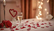 A romantic table setting features a glass of sparkling champagne surrounded by scattered red rose petals. A small vase with a heart-shaped decoration stands elegantly alongside deep red roses. Warm candlelight glows softly, with delicate fairy lights in the background creating an intimate, dreamy ambiance. A white rose gently rests in the corner, enhancing the scene’s charm. Ai generated image. Photography style.