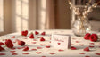 A delicate Valentine's table arrangement featuring scattered red rose petals, a single white card reading "Valentine" with a heart, and freshly placed red roses. Soft sunlight filters through the window, casting gentle shadows over the elegant tablecloth. A glass vase with cotton stems adds charm in the background, enhancing the warm, romantic ambiance of the scene. Ai generated. Photography style.