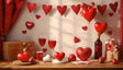 A visually captivating Valentine's Day arrangement featuring a rich palette of reds and whites. Heart-shaped balloons and garlands float gracefully, while a table hosts wine glasses filled with deep red wine, a bottle adorned with intricate detailing, and heart-themed gifts. Soft natural light highlights the elegant textures, creating a warm and romantic ambiance perfect for celebration. Ai generated image.