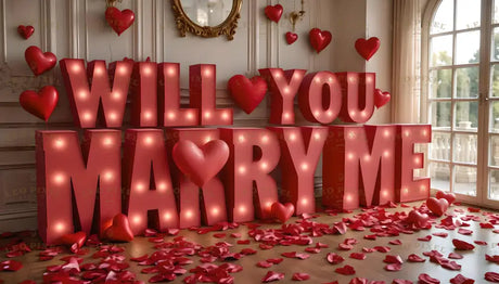 A stunning marriage proposal scene featuring large, illuminated red letters spelling “WILL YOU MARRY ME.” Each letter is glowing warmly, surrounded by heart-shaped balloons and scattered rose petals that adorn the wooden floor. The soft natural light streaming through tall windows highlights the luxurious and intimate atmosphere, perfect for a magical moment. Ai generated image.