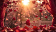 Two red roses stands gracefully amidst a cascade of heart-shaped ornaments, illuminated by the warm, golden rays of a setting sun. Draped in soft, flowing curtains, the scene radiates romance and serenity. The bokeh effect of scattered hearts adds depth, while the delicate interplay of light and shadow creates a dreamy, ethereal ambiance. A timeless celebration of love and beauty. Ai generated. Photography style.