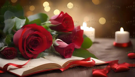 This digital artwork captures a romantic still-life scene. Deep red roses rest elegantly on an open book, their velvety petals glistening as if kissed by dew. A crimson ribbon weaves through the pages, symbolizing love and passion. In the background, glowing candles cast a warm golden light, creating an atmosphere of intimacy and poetic reflection. Ai generated. 