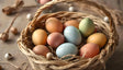 The image shows a wicker basket filled with pastel-toned Easter eggs in shades of blue, orange, yellow, and green, resting on a bed of straw. The background features a rustic setting with small wooden decorations and twine scattered around, adding a natural and handmade charm. The muted colors and textured elements create a warm and earthy feel to the composition. Ai generated. Photography style.