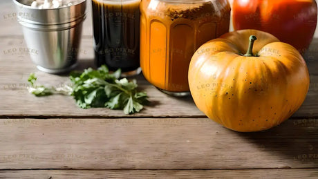 This image shows a wooden table with fresh ingredients. A round, yellow pumpkin takes focus, paired with a bright orange jar of juice and a dark jar, possibly syrup. A small bucket of white beans sits nearby, alongside green parsley leaves. In the background, a red tomato adds more color. The rustic setup highlights natural textures and vibrant colors of the produce. Ai generated. Photography style.