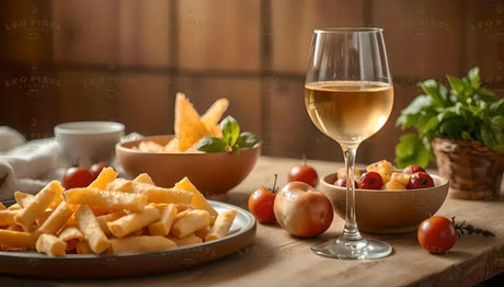 A cozy dining setup showcases a glass of golden white wine surrounded by plates of crispy breadsticks, fresh cherry tomatoes, and basil leaves. Soft lighting highlights a wooden table adorned with bowls of roasted vegetables and a leafy basil plant in a wicker pot. The warm tones and natural arrangement create a rustic, inviting atmosphere. Ai generated. Photography style.