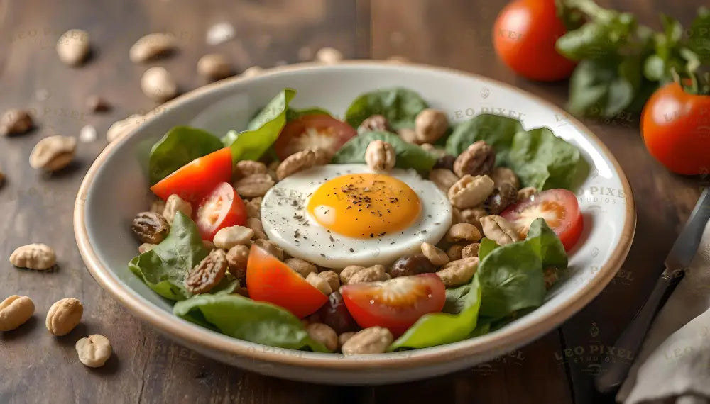 A fresh salad served on a white plate features a perfectly cooked sunny-side-up egg sprinkled with black pepper, nestled on a bed of green lettuce. Sliced cherry tomatoes and a mix of nuts, including peanuts and walnuts, add color and texture. In the background, ripe red tomatoes and leafy greens are visible. The dish is placed on a rustic wooden table for a natural look. Ai generated. Photography style.