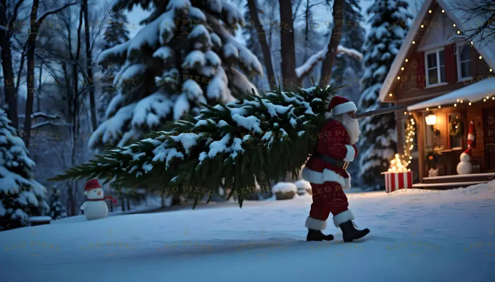 Santa Carrying A Snowy Pine Tree On His Shoulder Ai Generated Image