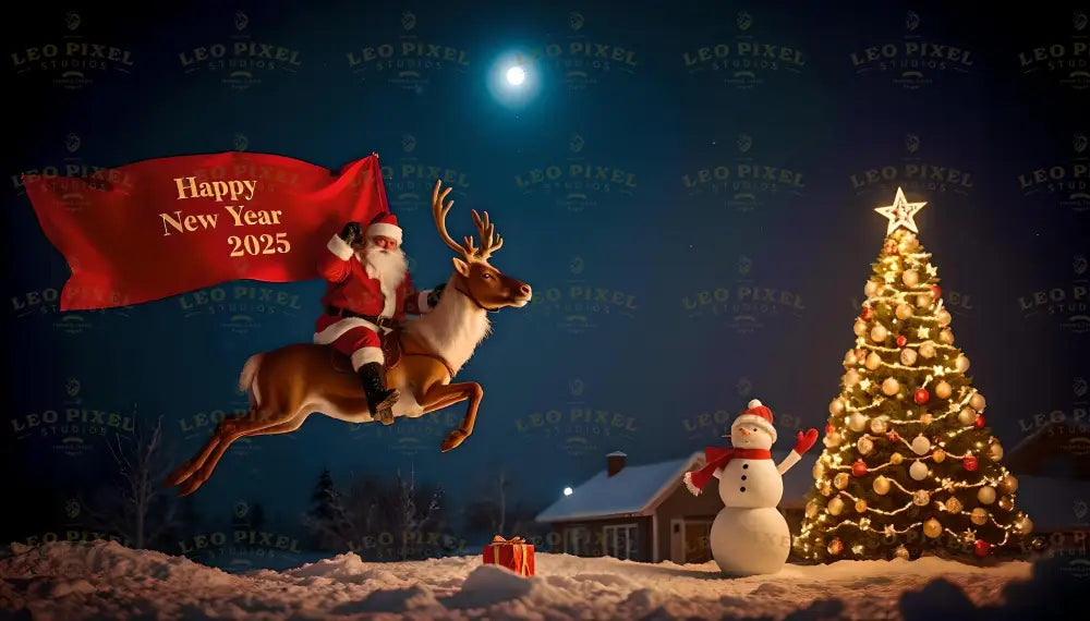 Santa Claus soars through the moonlit sky on his reindeer, holding a bold red banner that reads "Happy New Year 2025." A radiant Christmas tree adorned with glowing lights and ornaments stands tall, next to a cheerful snowman waving in delight. The snowy ground reflects the soft light of the holiday decorations, while a wrapped gift awaits discovery. The scene exudes festive magic and New Year cheer. Ai generated.