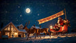 Santa Claus rides his festive sleigh, drawn by two elegant reindeer, under a serene moonlit sky. Holding a glowing banner that reads "Happy New Year 2025," he spreads joy through the snowy village. Warm lights shine from cozy homes adorned with holiday decorations, adding to the festive atmosphere. Gentle snowfall enhances the enchanting scene, capturing the spirit of celebration, hope, and magic as the world welcomes the new year. Au generated.