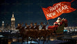 Santa Claus soars through the night sky in his sleigh, pulled by a majestic team of reindeer and carrying a vibrant "Happy New Year" banner. Below, a stunning cityscape shines with illuminated skyscrapers and bustling lights, creating a captivating urban backdrop. The scene blends the magic of the holiday season with the excitement of New Year festivities, embodying a message of hope and celebration as Santa delivers cheer to the world. Ai generated image.