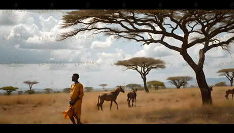 An expansive savannah stretches under a cloudy sky, dotted with acacia trees. A man in a flowing orange garment stands peacefully in the golden grass, gazing into the distance. Nearby, antelopes graze casually, blending with the serene, dry landscape. The scene captures the harmony of human and nature amidst the quiet beauty of the African plains. Ai generated. Photography style.