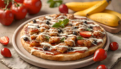 A savory pizza served on a ceramic plate, topped with chicken pieces, cherry tomatoes, olives, and basil leaves. It features a rich tomato base and is drizzled with a creamy white sauce. Surrounding the pizza are fresh cherry tomatoes and navet turnips in the background, adding earthy tones to the vibrant display. The composition highlights the hearty and flavorful dish. Ai generated. Photography style.