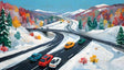 A picturesque highway winds through snow-covered hills, framed by vibrant autumn hues and evergreen trees. The colorful cars on the road add movement and energy to the serene winter landscape. With its bright palette and idyllic composition, this scene captures the harmony of nature and modern infrastructure, evoking a sense of peaceful travel and scenic exploration. Ai generated image.