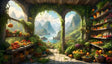 A vibrant market filled with fresh fruits and vegetables displayed on wooden shelves and baskets. The setting features stone archways adorned with hanging greenery, framing a breathtaking view of turquoise waters, lush hills, and distant mountains. Sunlight pours in, illuminating the colorful produce, including oranges, apples, grapes, and greens, creating a serene and abundant atmosphere. Ai generated. Digital art style.