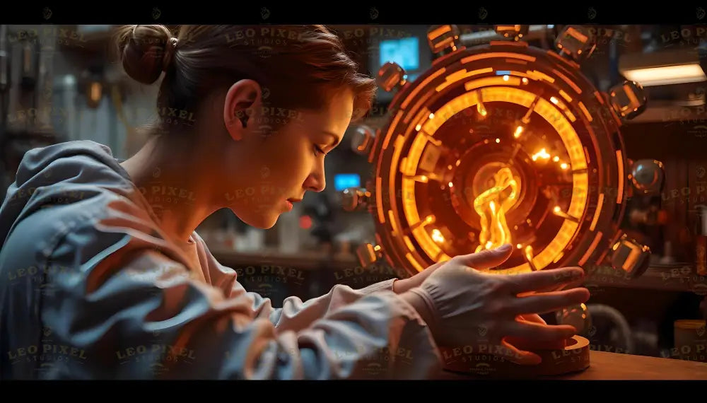 A scientist in a lab coat and gloves closely examines a glowing, circular device emitting bright orange light. The intricate design of the machine features concentric rings and swirling energy at the center. The background shows a laboratory filled with tools and equipment. The soft glow of the device highlights the scientist's focused expression, reflecting a setting of advanced technology and innovation Ai generated. Photography style.