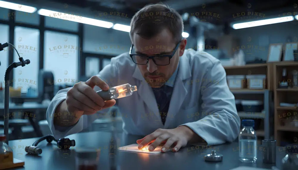 A scientist in a white lab coat and glasses carefully examines a glowing sample with a handheld device. He is focused, leaning over a table with scientific tools and glass containers. The background shows shelves filled with lab equipment and supplies. The illuminated object and precise handling reflect innovation and detailed research in a cutting-edge scientific environment. Ai generated. Photography style