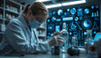 A scientist in a lab coat, gloves, and mask carefully examines a glass bottle at a workstation. The background features shelves with supplies and a large digital screen displaying scientific data, graphs, and icons. The combination of traditional lab tools and advanced technology reflects a modern, high-tech laboratory environment focused on precision and research. Ai generated. Photography style.