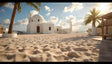 This photography-style image features a pristine white building with smooth, minimalist domes and arches set against a golden sandy beach. Flanked by tall palm trees in large white planters, the scene is bathed in warm sunlight under a clear blue sky with scattered fluffy clouds. Shadows from the palms stretch across textured sand, while the calm sea and distant horizon add depth to the tranquil coastal setting. Ai generated image.