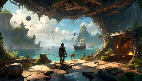 This digital art showcases a stunning futuristic coastal outpost. The scene features an armored figure standing on a stone platform overlooking a turquoise sea surrounded by towering cliffs, lush greenery, and floating rock formations. A detailed ship sails through the calm waters, while a cozy shelter with a warm fire is nestled into the rocky landscape. Soft sunlight and scattered clouds enhance the tranquil, immersive atmosphere. Ai generated image.