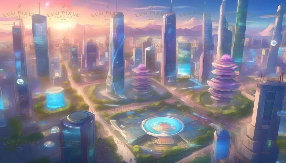 This anime-style artwork captures a futuristic city at sunrise, blending sleek skyscrapers with verdant green spaces. Unique architectural marvels, like a spiral-shaped structure and a circular water pavilion, are bathed in soft golden and pink light. Roads and pathways connect the city seamlessly, reflecting innovation and harmony in this urban utopia. Ai generated image.