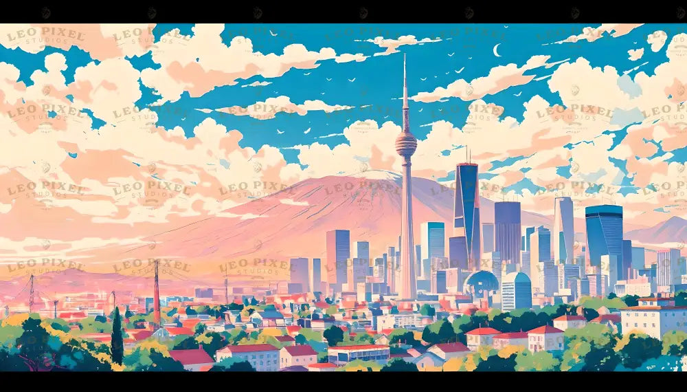 This stylized image depicts a vibrant cityscape nestled against a majestic mountain backdrop under a pastel sky. Iconic skyscrapers and a towering spire rise above the lush greenery and colorful rooftops of suburban homes. The warm hues of the sunset blend seamlessly with soft clouds, creating a harmonious balance between natural beauty and modern architecture. Ai generated image.