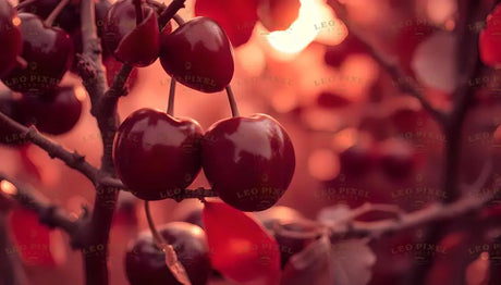 Close-up of ripe, glossy red cherries hanging on a sturdy branch, surrounded by blurred red leaves. The soft, warm sunset light creates a gentle glow in the background, enhancing the deep red hues of the cherries. The delicate texture of the cherries contrasts with the roughness of the branch, highlighting their ripeness and vibrant appeal. Ai generated. Photography style.