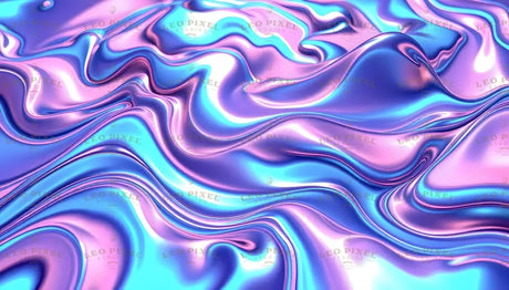 Digital image featuring a flowing, liquid-like surface with a metallic sheen in shades of blue, pink, and purple. The smooth, curving waves reflect light, creating depth and highlights. The glossy texture enhances the three-dimensional effect, with transitions between colors adding vibrancy. The abstract composition is balanced, with organic forms blending seamlessly across the frame. Ai generated. Photography style.