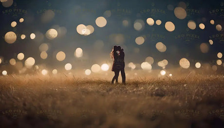 A romantic couple stands entwined in a golden meadow, silhouetted against a backdrop of luminous orbs that resemble glistening fireflies in the night. The soft blur of glowing lights creates a dreamlike ambiance, while the gentle sway of the tall grass adds a serene natural element. Their figures radiate warmth, framed by the ethereal beauty of this magical moment. Ai generated. Cinematic style.