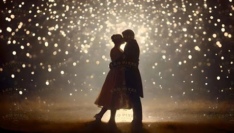 A couple embraces in a tender moment, their silhouettes softly illuminated by a cascade of golden lights in the background. The dreamy atmosphere blends glowing orbs with subtle shadows, creating a scene of timeless romance. The warm, ethereal light reflects off the dewy grass below, emphasizing the intimacy and magic of the setting. Ai generated. Cinematic style.